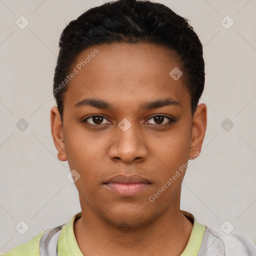 Neutral black young-adult female with short  black hair and brown eyes