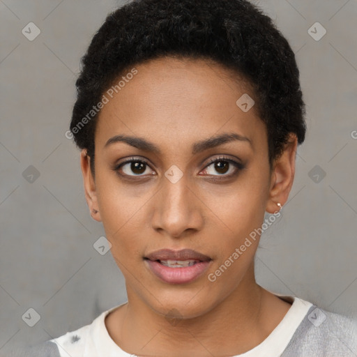 Neutral latino young-adult female with short  black hair and brown eyes