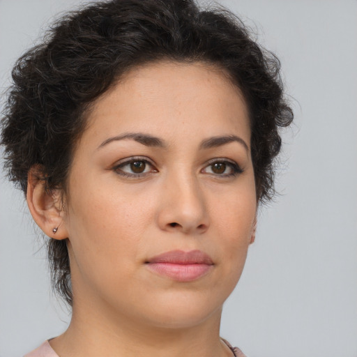 Neutral latino young-adult female with short  brown hair and brown eyes
