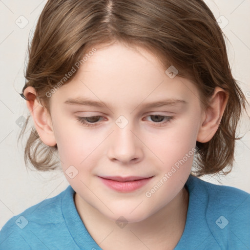 Joyful white child female with medium  brown hair and grey eyes