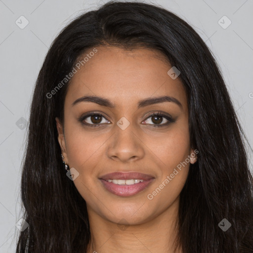 Joyful latino young-adult female with long  brown hair and brown eyes