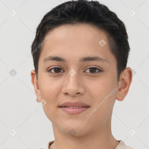 Joyful latino young-adult female with short  brown hair and brown eyes