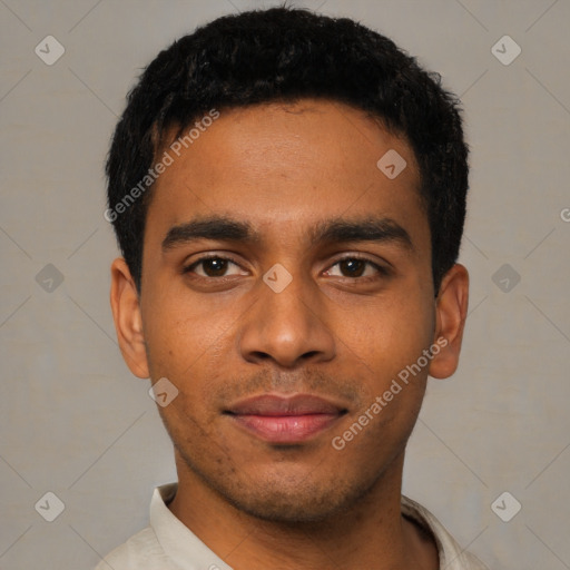 Neutral latino young-adult male with short  black hair and brown eyes