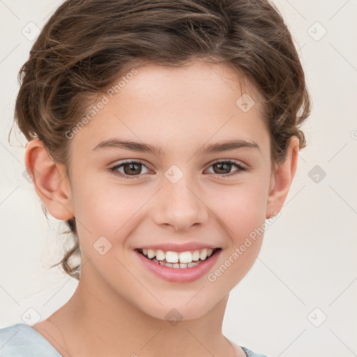 Joyful white child female with short  brown hair and brown eyes