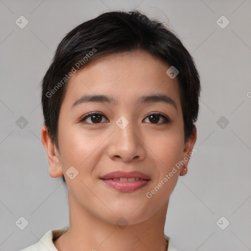 Joyful asian young-adult female with short  brown hair and brown eyes