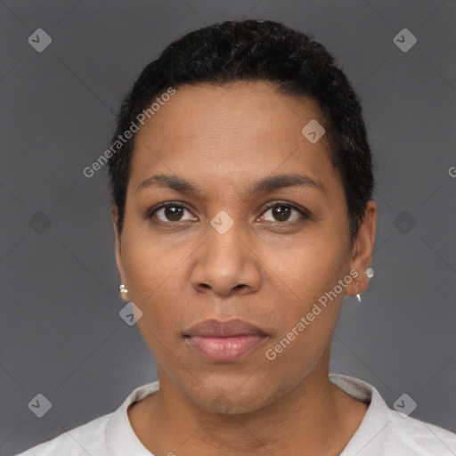 Neutral black young-adult female with short  black hair and brown eyes