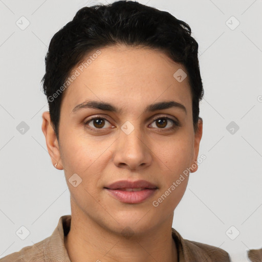 Joyful white young-adult female with short  brown hair and brown eyes