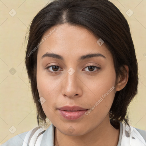 Neutral white young-adult female with medium  brown hair and brown eyes