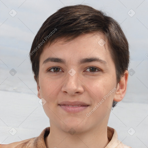 Joyful white young-adult female with short  brown hair and brown eyes