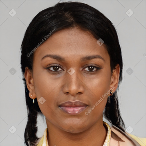 Joyful black young-adult female with medium  black hair and brown eyes