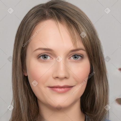 Neutral white young-adult female with medium  brown hair and grey eyes