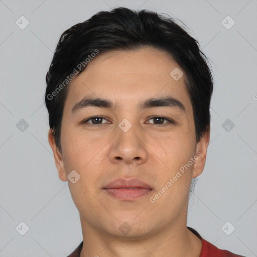 Neutral asian young-adult male with short  black hair and brown eyes