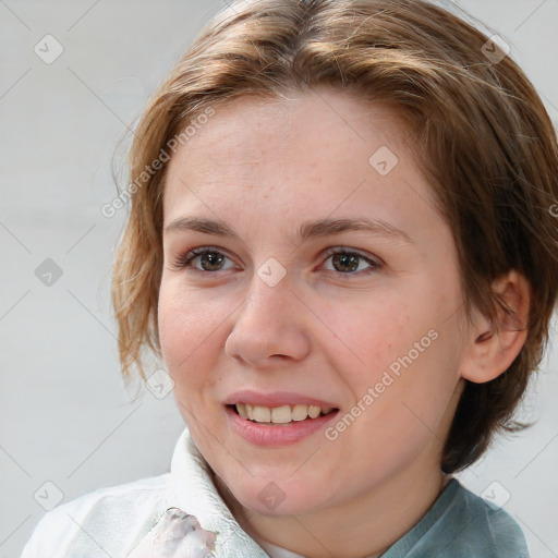 Joyful white young-adult female with medium  brown hair and brown eyes