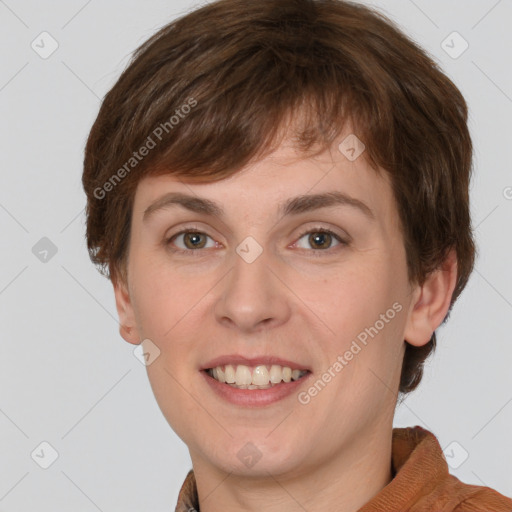 Joyful white young-adult female with medium  brown hair and grey eyes