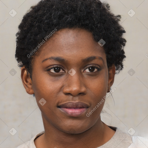 Neutral black young-adult female with short  black hair and brown eyes