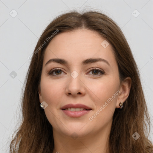 Joyful white young-adult female with long  brown hair and grey eyes