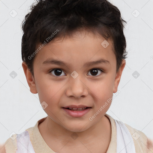 Joyful white child female with short  brown hair and brown eyes