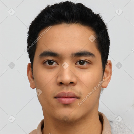 Neutral asian young-adult male with short  black hair and brown eyes