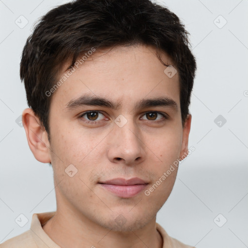 Neutral white young-adult male with short  brown hair and brown eyes