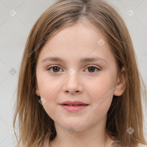 Joyful white child female with medium  brown hair and brown eyes