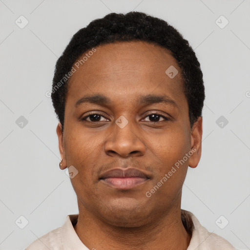 Neutral black adult male with short  black hair and brown eyes