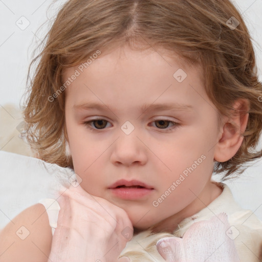 Neutral white child female with medium  brown hair and blue eyes