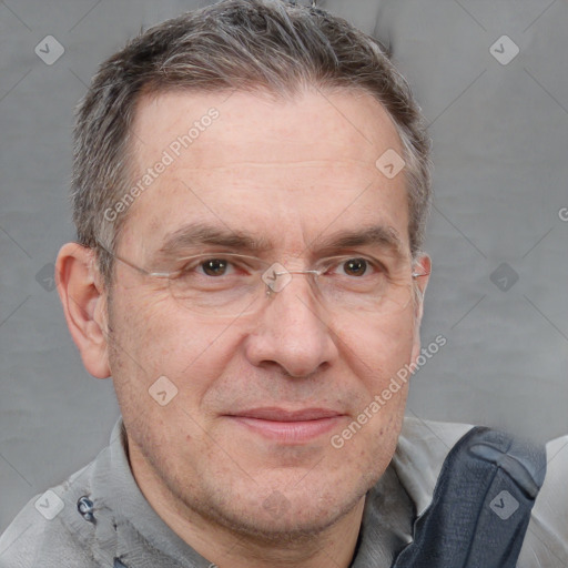 Joyful white middle-aged male with short  brown hair and brown eyes