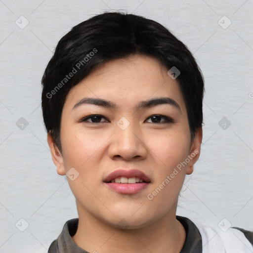 Joyful asian young-adult female with short  black hair and brown eyes