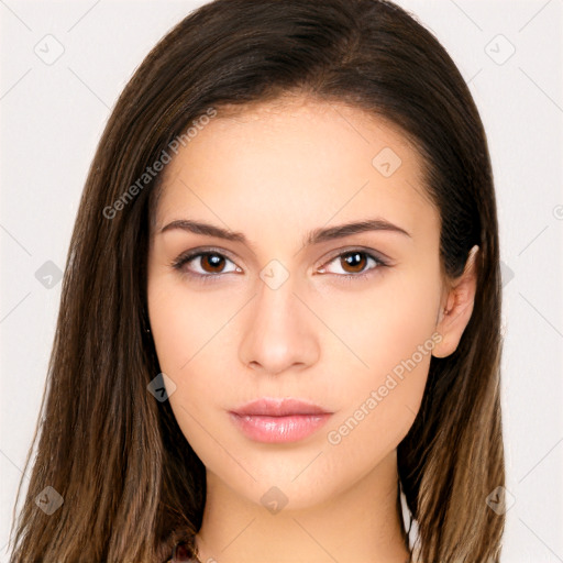 Neutral white young-adult female with long  brown hair and brown eyes