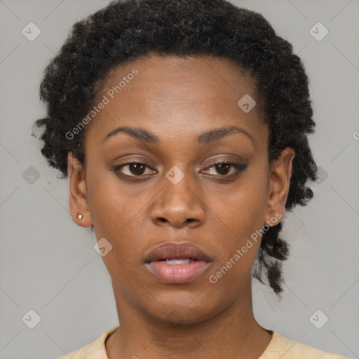 Neutral black young-adult female with short  black hair and brown eyes