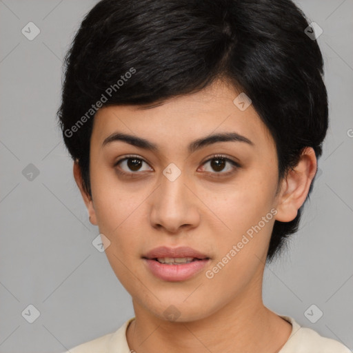 Neutral asian young-adult female with medium  black hair and brown eyes