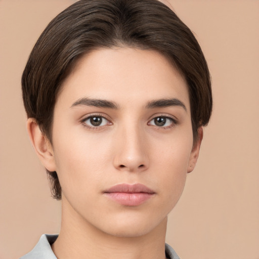 Neutral white young-adult female with short  brown hair and brown eyes