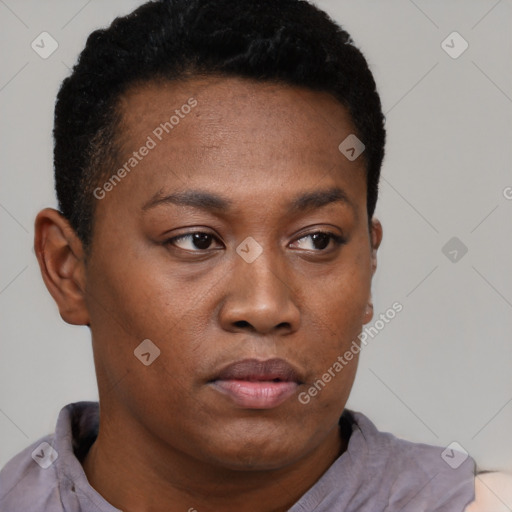 Neutral black young-adult female with short  brown hair and brown eyes