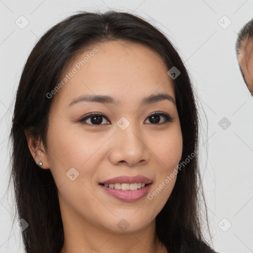 Joyful white young-adult female with long  brown hair and brown eyes