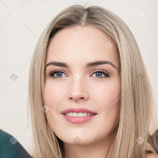 Joyful white young-adult female with long  brown hair and green eyes