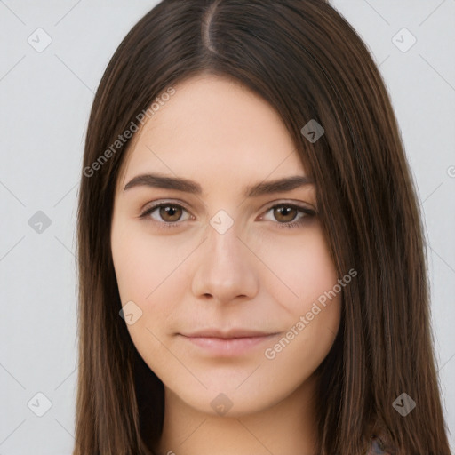 Neutral white young-adult female with long  brown hair and brown eyes