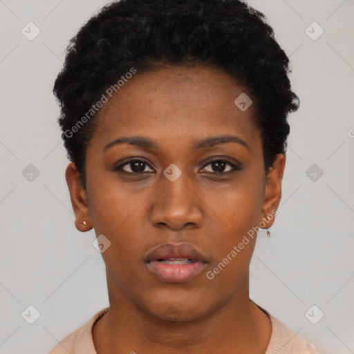 Neutral black young-adult female with short  black hair and brown eyes