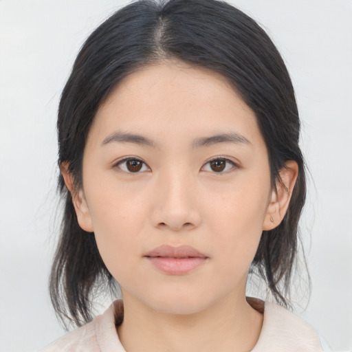 Neutral asian young-adult female with medium  black hair and brown eyes