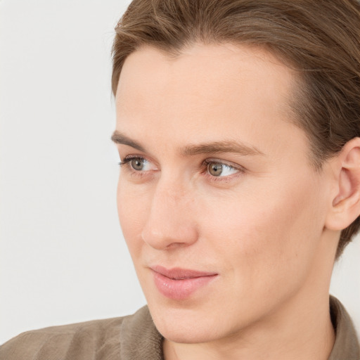 Neutral white young-adult female with short  brown hair and grey eyes