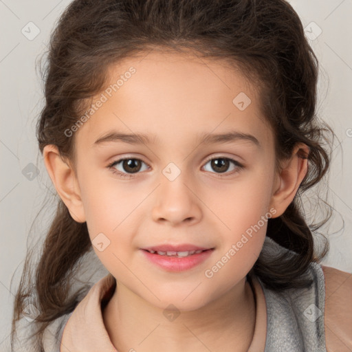 Joyful white child female with medium  brown hair and brown eyes