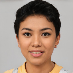 Joyful asian young-adult female with short  black hair and brown eyes