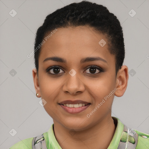 Joyful latino young-adult female with short  black hair and brown eyes