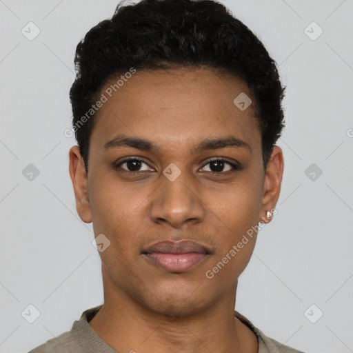 Neutral black young-adult male with short  black hair and brown eyes