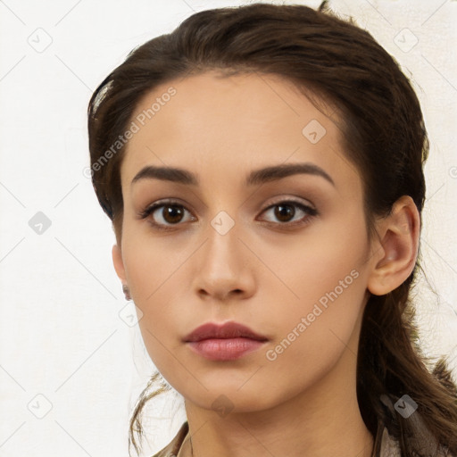 Neutral white young-adult female with long  brown hair and brown eyes