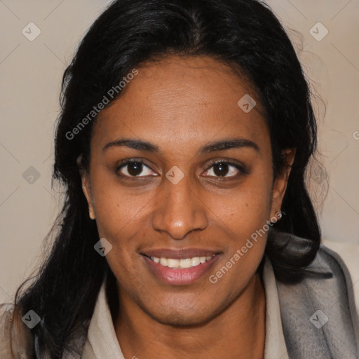 Joyful black young-adult female with medium  black hair and brown eyes