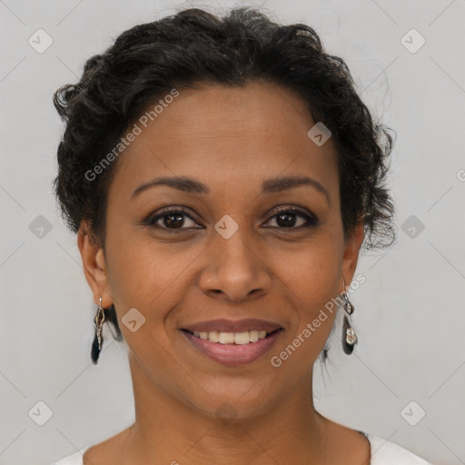 Joyful latino young-adult female with short  brown hair and brown eyes