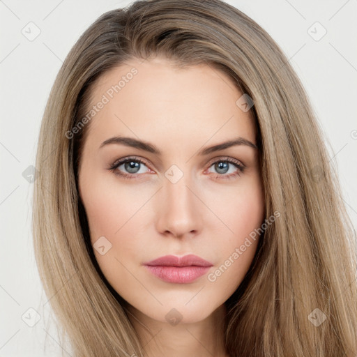 Neutral white young-adult female with long  brown hair and brown eyes