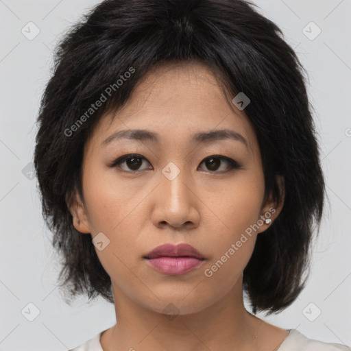 Neutral asian young-adult female with medium  brown hair and brown eyes