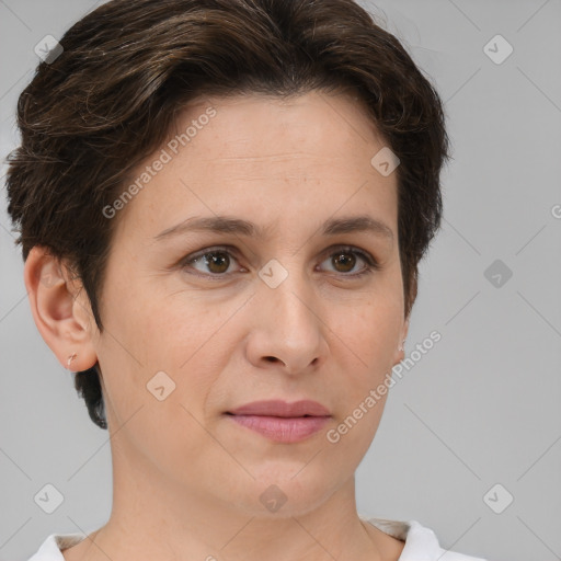 Joyful white adult female with short  brown hair and brown eyes