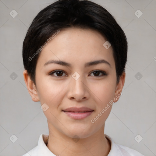 Joyful asian young-adult female with short  brown hair and brown eyes